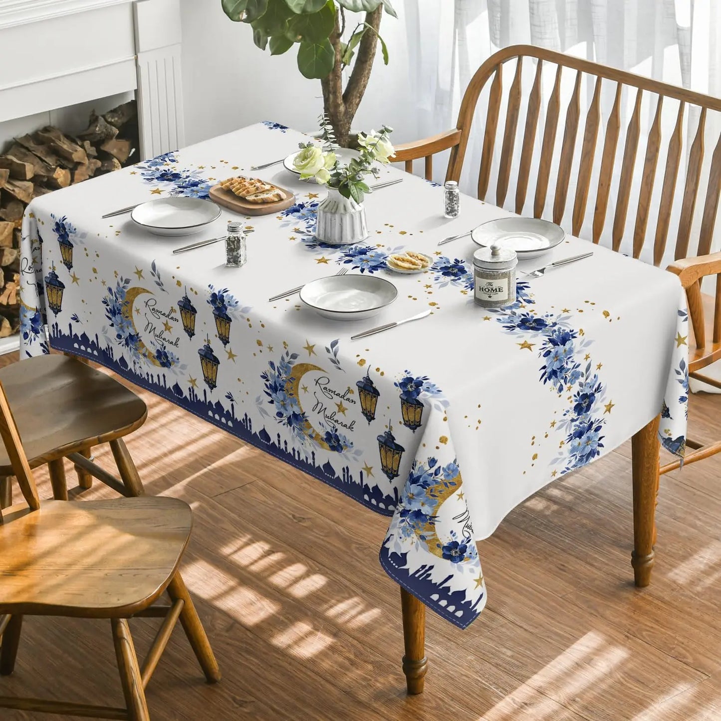 Ramadan Eid Mubarak Star Waterproof Tablecloth Holiday Party Decor Reusable Seasonal Rectangle Table Cover Dining Table Decor