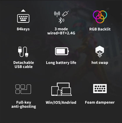RK84 Royal Kludge Brazilian Wireless Gaming Keyboard 84 Keys RGB Tri-Mode BT5.0/2.4G/Wired Hot-Swappable Mechanical Keyboards