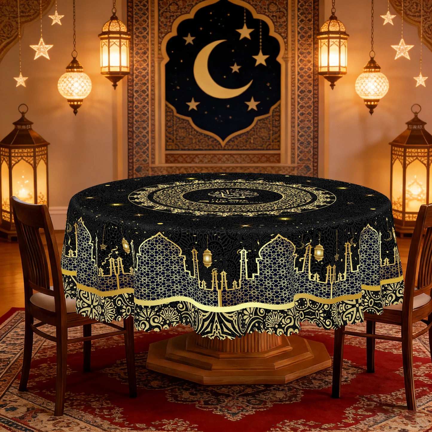 1 Piece of Black Tablecloth for Ramadan and Eid, Golden Ramadan Moon Lamp, Castle Pattern Design, Perfect Holiday and Mubarak Ramadan Decoration, Ramadan Gift, Ideal Indoor/Outdoor Ramadan Party and Home Decoration, Round and
