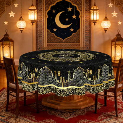 1 Piece of Black Tablecloth for Ramadan and Eid, Golden Ramadan Moon Lamp, Castle Pattern Design, Perfect Holiday and Mubarak Ramadan Decoration, Ramadan Gift, Ideal Indoor/Outdoor Ramadan Party and Home Decoration, Round and