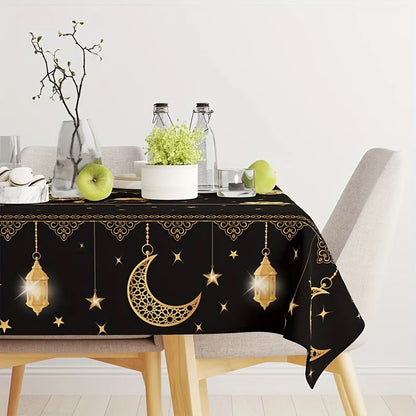 1pc Eid Mubarak Polyester Tablecloth, Ramadan Kareem Black Table Cover, Islamic Muslim Party Decor, Eid Al Adha Gifts