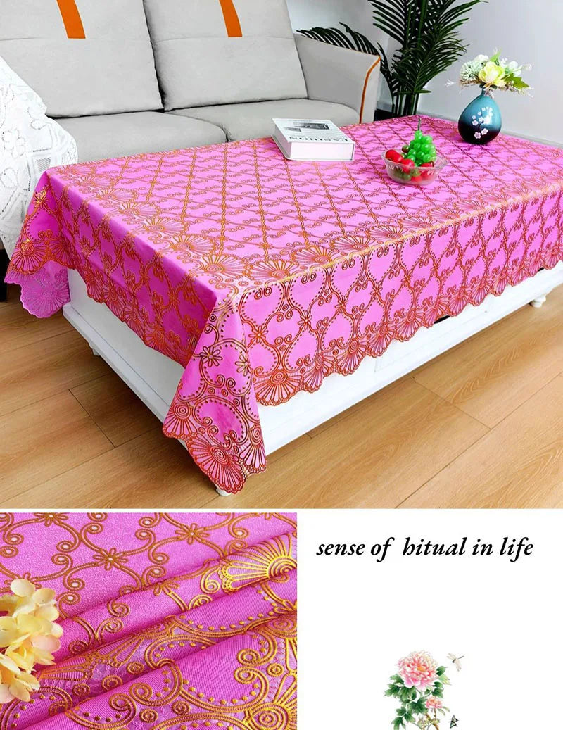 Europe and America Waterproof Lace Tablecloth Wash-Free Bronzing Dining Decoration Soft Dust-Proof Table Cover for Holiday Party