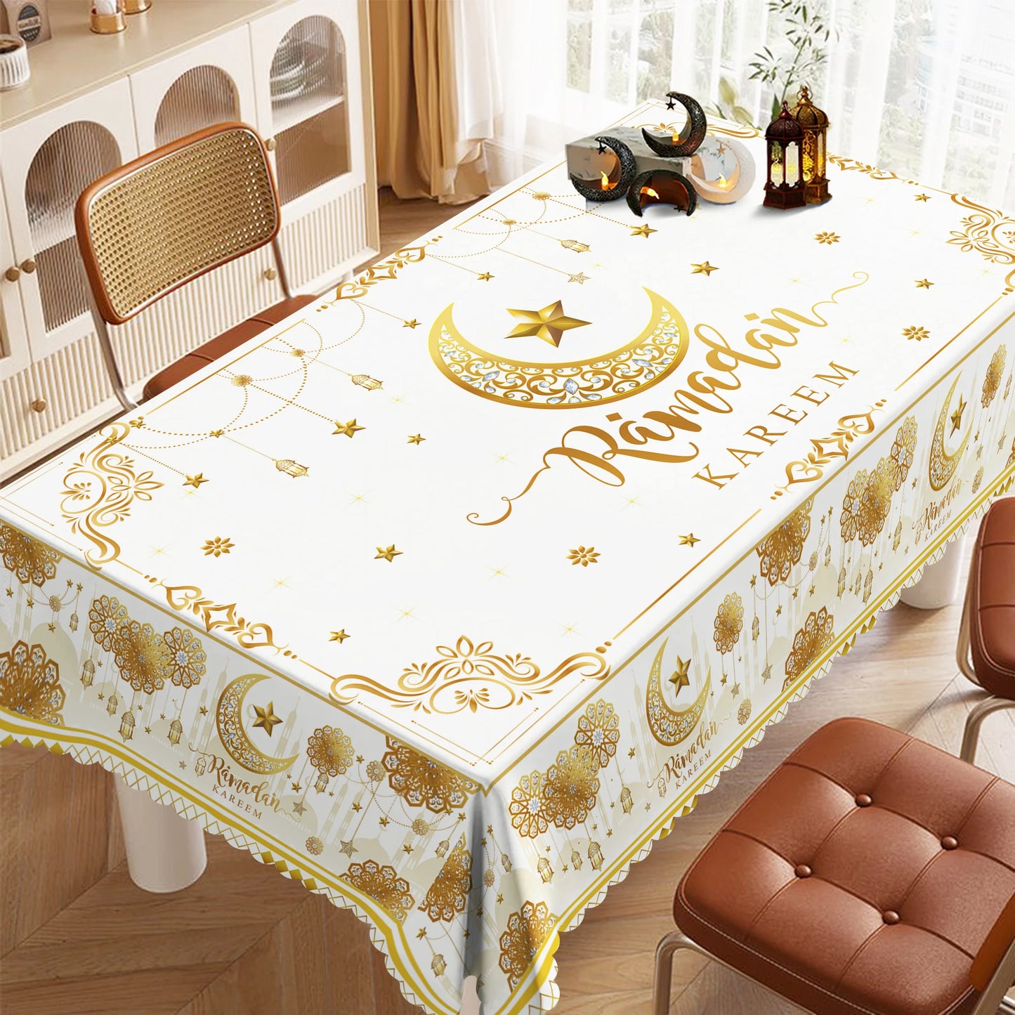 1 Piece of Muslim Ramadan Round Tablecloth, Available in Various Sizes, Printed with Star, Moon, Lantern, Floral, and Geometric Patterns, Round Decorative Tablecloth with Embossed Edges, Ramadan-Themed Home Dining Table Decor