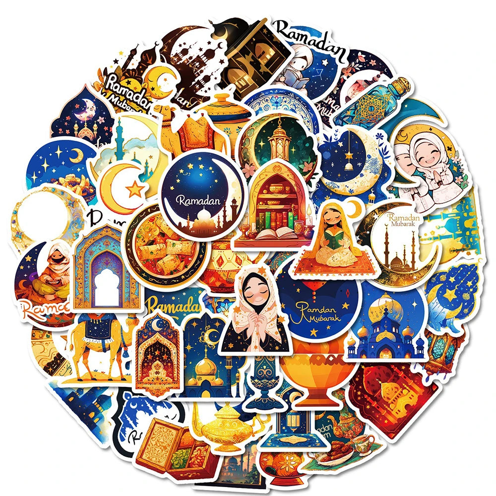 10/30/50pcs Ramadan Kareem Graffiti Stickers Golden Moon Muslim Party Cartoon Stickers Notebook Phone Luggage Decals Decoration