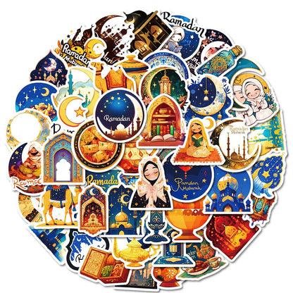 10/30/50pcs Ramadan Kareem Graffiti Stickers Golden Moon Muslim Party Cartoon Stickers Notebook Phone Luggage Decals Decoration