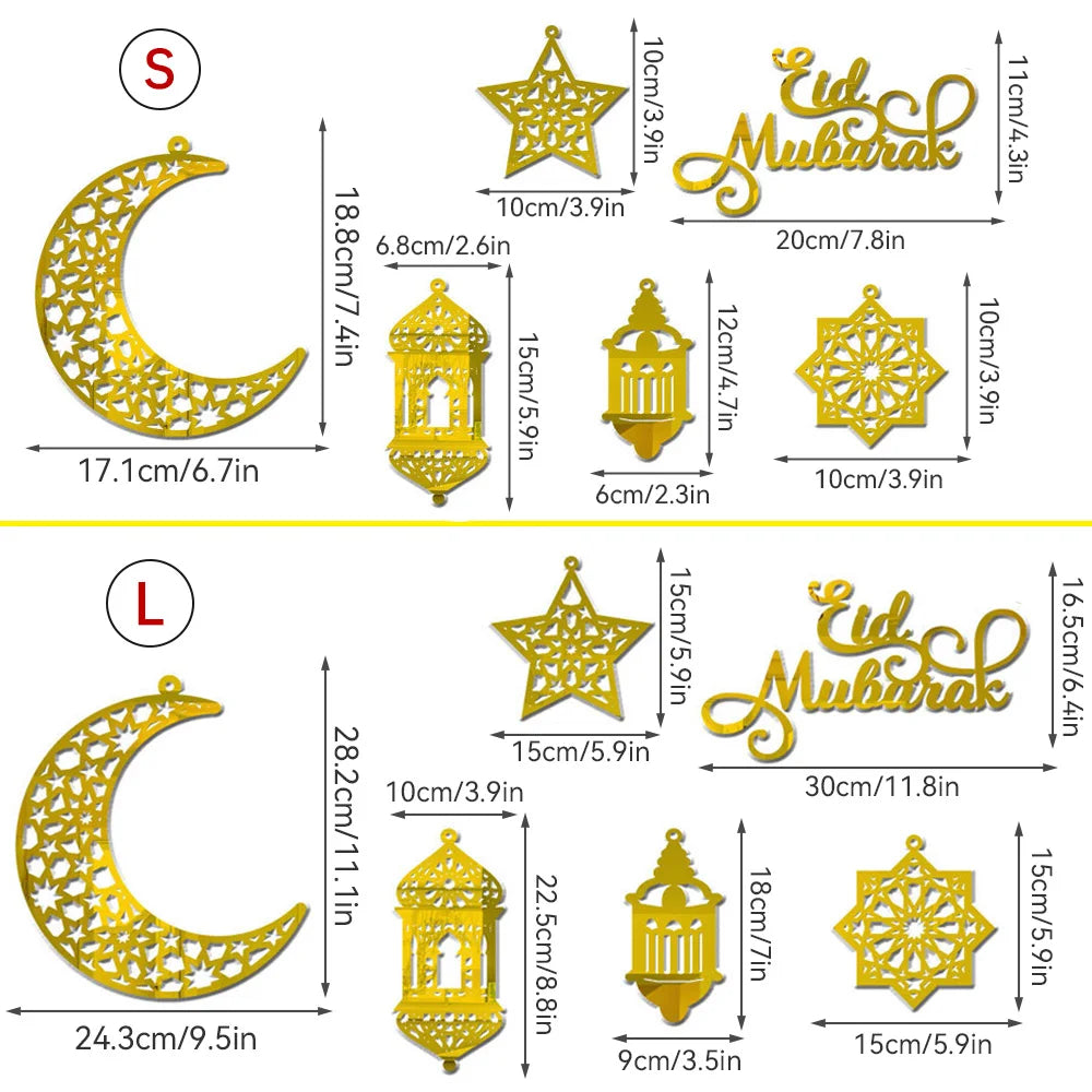 1Set Eid Mubarak Decoration Hanging Pendant Acrylic Mirror Ramadan Kareem Pendant Ornament Home Background Muslim Party Supplies
