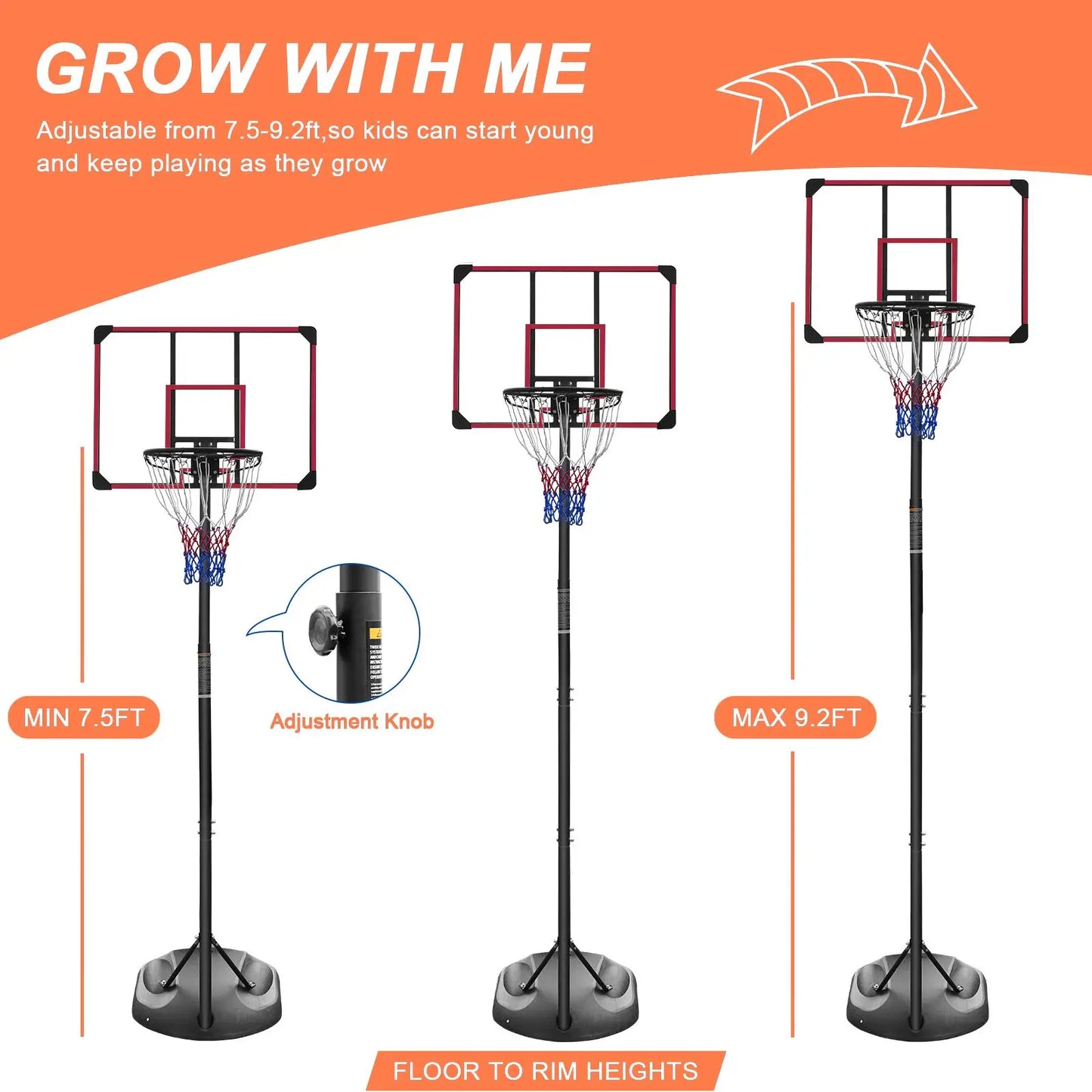 Portable Basketball Hoop System 7.5ft 9.2ft 32 Inch Adjustable Stand Backboard Wheels for Youth Adults Indoor Outdoor Basketball