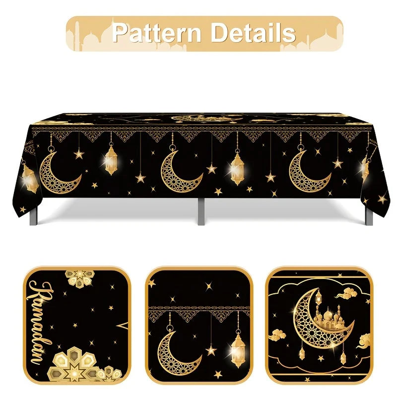 1pc Eid Mubarak Polyester Tablecloth, Ramadan Kareem Black Table Cover, Islamic Muslim Party Decor, Eid Al Adha Gifts