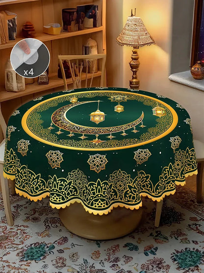1 Piece of Muslim Ramadan Themed Round Tablecloth, Available in Various Sizes, Exquisite Crescent Moon and Hollow Floral Pattern Printed Round Decorative Tablecloth, Embossed Edge Craftsmanship, Ramadan Home Decoration, Suita