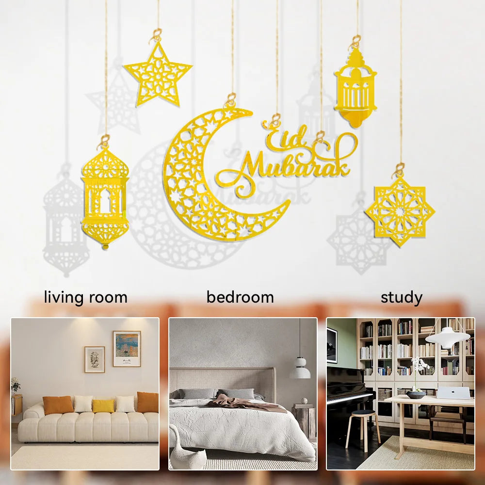 1Set Eid Mubarak Decoration Hanging Pendant Acrylic Mirror Ramadan Kareem Pendant Ornament Home Background Muslim Party Supplies