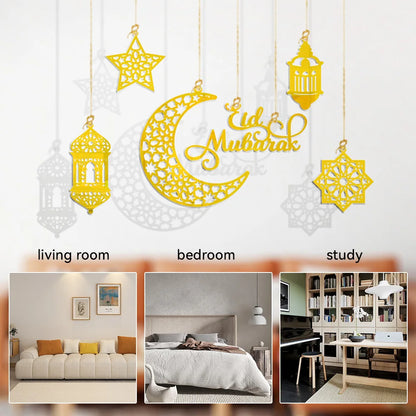 1Set Eid Mubarak Decoration Hanging Pendant Acrylic Mirror Ramadan Kareem Pendant Ornament Home Background Muslim Party Supplies