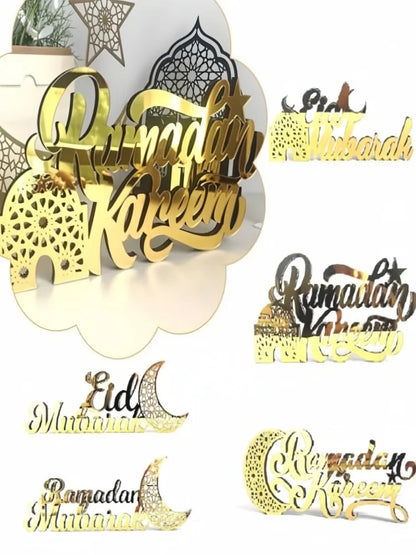 Wooden Acrylic Ramadan Mubarak Sign, Eid Kareem Crescent Wood Moon Stand Table Centerpiece Office Desk Mosque Decor