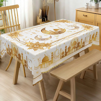 1 Piece of Muslim Ramadan Themed Round and Rectangular Tablecloth, Available in 5 Sizes, Exquisite Star and Moon and Mosque Pattern Printed Tablecloth, Embossed Edge Craftsmanship, Ramadan Period Home Dining Table Decoration,