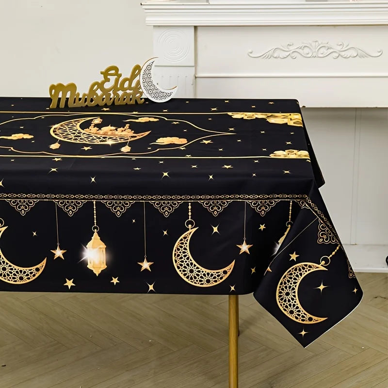 1pc Eid Mubarak Polyester Tablecloth, Ramadan Kareem Black Table Cover, Islamic Muslim Party Decor, Eid Al Adha Gifts