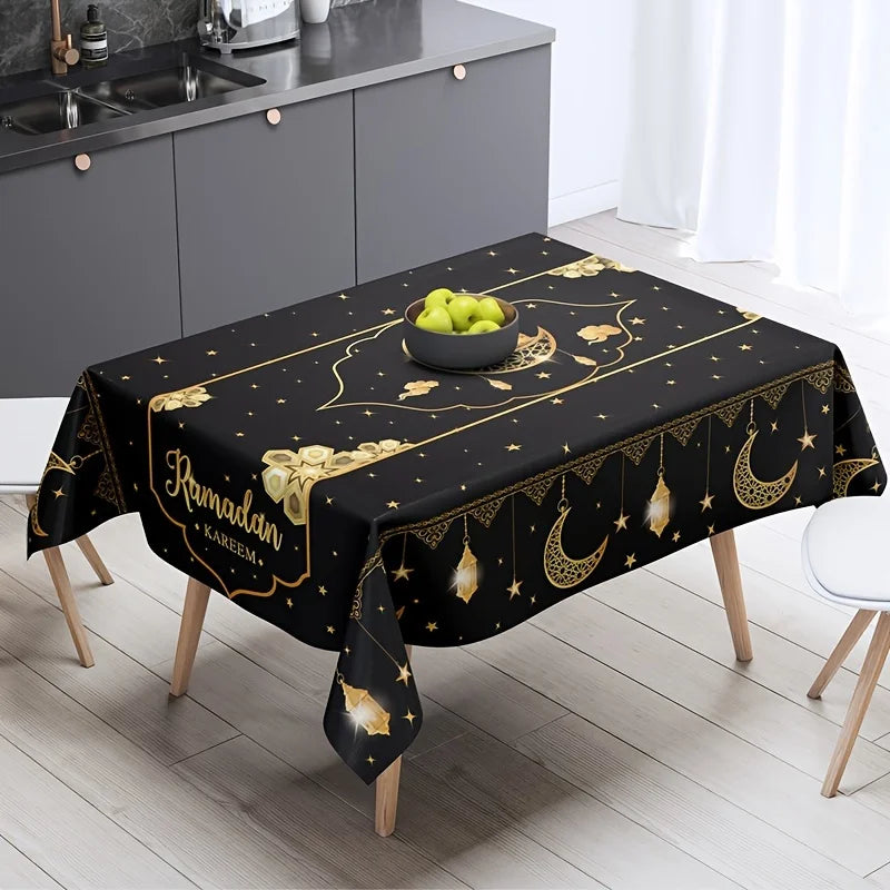 1pc Eid Mubarak Polyester Tablecloth, Ramadan Kareem Black Table Cover, Islamic Muslim Party Decor, Eid Al Adha Gifts