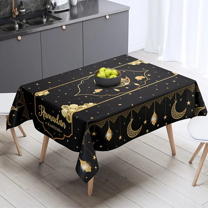 1pc Eid Mubarak Polyester Tablecloth, Ramadan Kareem Black Table Cover, Islamic Muslim Party Decor, Eid Al Adha Gifts