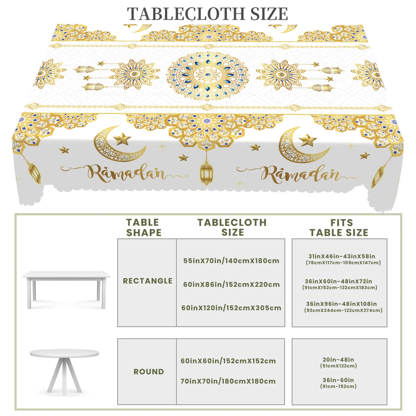 1 Piece of Muslim Ramadan Round Tablecloth, Available in Various Sizes, Featuring a Core of Gold-Plated Crescent Moon and Star Embellishments, Paired with Arabic Lantern Outlines and Intricate Rose Patterns Interwoven, with G