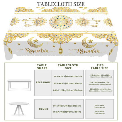 1 Piece of Muslim Ramadan Round Tablecloth, Available in Various Sizes, Featuring a Core of Gold-Plated Crescent Moon and Star Embellishments, Paired with Arabic Lantern Outlines and Intricate Rose Patterns Interwoven, with G