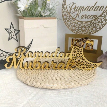 Wooden Acrylic Ramadan Mubarak Sign, Eid Kareem Crescent Wood Moon Stand Table Centerpiece Office Desk Mosque Decor