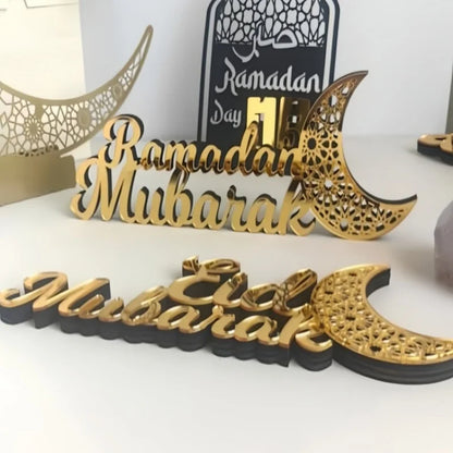 Wooden Acrylic Ramadan Mubarak Sign, Eid Kareem Crescent Wood Moon Stand Table Centerpiece Office Desk Mosque Decor