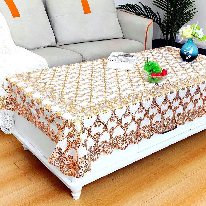 Europe and America Waterproof Lace Tablecloth Wash-Free Bronzing Dining Decoration Soft Dust-Proof Table Cover for Holiday Party