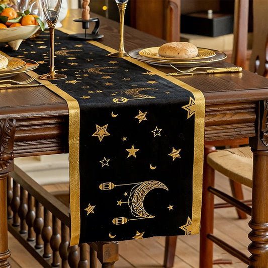 Ramadan Tabble Runner With Gold Moon And Star Eid Mubarak Table Decorations For Holiday Kitchen Dining Table Home Decor