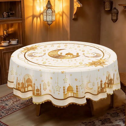 1 Piece, Low-Key Luxury Gold-Plated Ramadan-Themed Polyester Tablecloth + 4 Self-Adhesive Stickers, Classic Islamic Architecture Luxurious Hollow-Out Moon and Star Print Pattern, Suitable for Home Kitchen, Living Room Dining