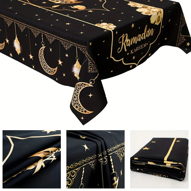 1pc Eid Mubarak Polyester Tablecloth, Ramadan Kareem Black Table Cover, Islamic Muslim Party Decor, Eid Al Adha Gifts
