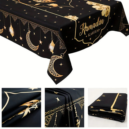 1pc Eid Mubarak Polyester Tablecloth, Ramadan Kareem Black Table Cover, Islamic Muslim Party Decor, Eid Al Adha Gifts