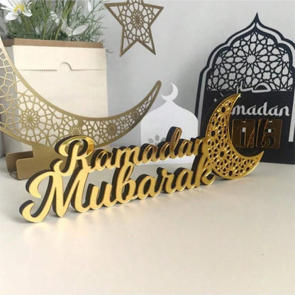 Wooden Acrylic Ramadan Mubarak Sign, Eid Kareem Crescent Wood Moon Stand Table Centerpiece Office Desk Mosque Decor
