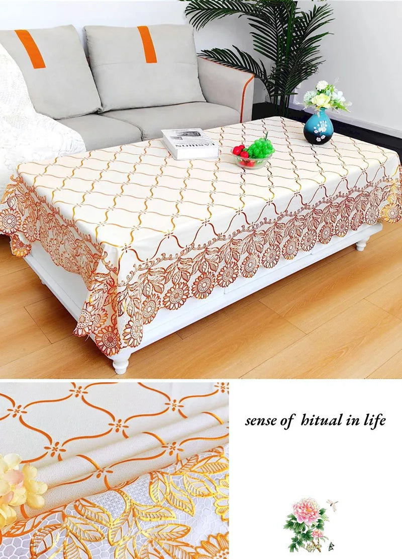 Europe and America Waterproof Lace Tablecloth Wash-Free Bronzing Dining Decoration Soft Dust-Proof Table Cover for Holiday Party