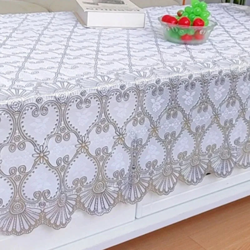 Europe and America Waterproof Lace Tablecloth Wash-Free Bronzing Dining Decoration Soft Dust-Proof Table Cover for Holiday Party