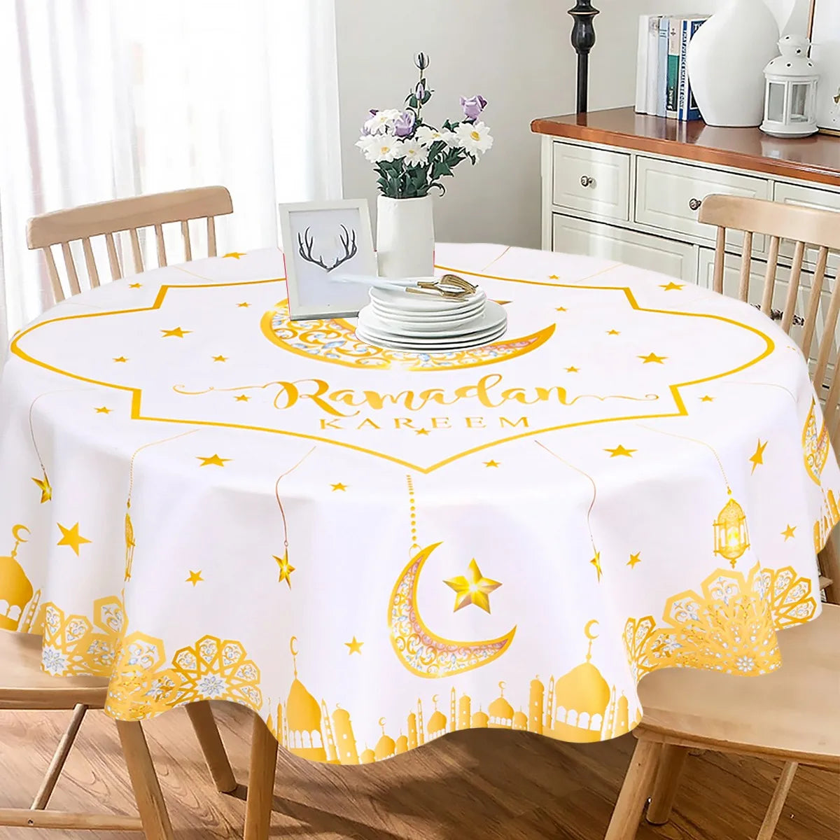 150cm Polyester Round Waterproof Cover Table Decor Eid Mubarak Restaurant Decoration Tablecloth Ramadan Home Decor Islamic Art