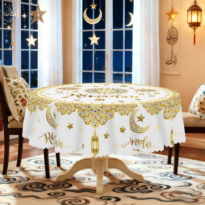 1 Piece of Muslim Ramadan Round Tablecloth, Available in Various Sizes, Featuring a Core of Gold-Plated Crescent Moon and Star Embellishments, Paired with Arabic Lantern Outlines and Intricate Rose Patterns Interwoven, with G