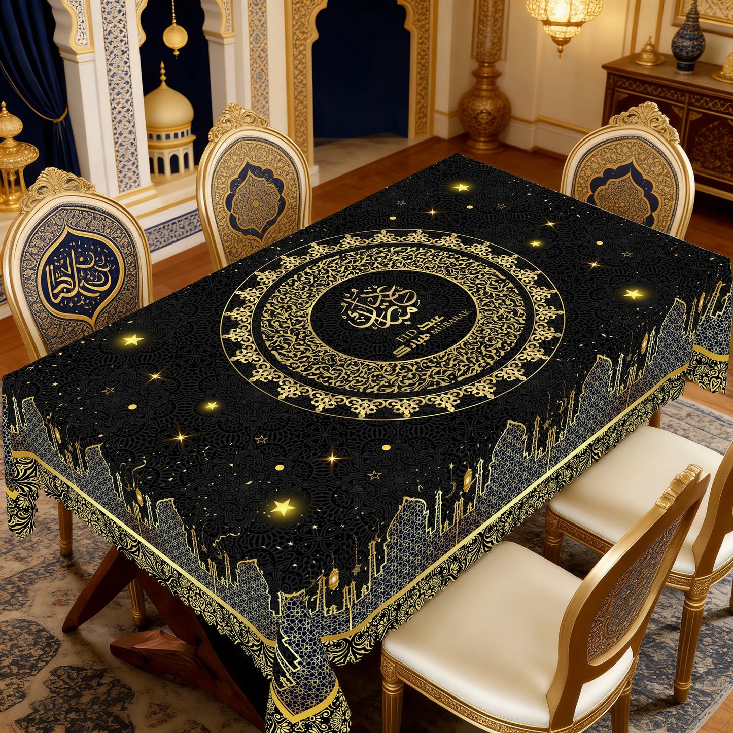 1 Piece of Black Tablecloth for Ramadan and Eid, Golden Ramadan Moon Lamp, Castle Pattern Design, Perfect Holiday and Mubarak Ramadan Decoration, Ramadan Gift, Ideal Indoor/Outdoor Ramadan Party and Home Decoration, Round and