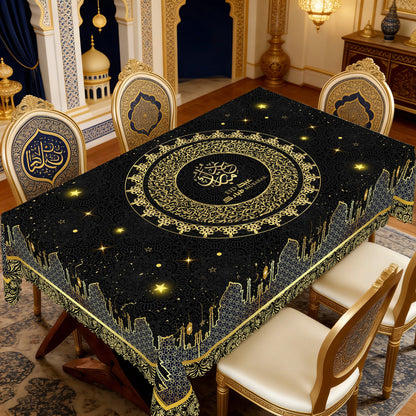 1 Piece of Black Tablecloth for Ramadan and Eid, Golden Ramadan Moon Lamp, Castle Pattern Design, Perfect Holiday and Mubarak Ramadan Decoration, Ramadan Gift, Ideal Indoor/Outdoor Ramadan Party and Home Decoration, Round and