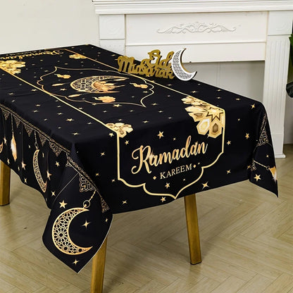 1pc Eid Mubarak Polyester Tablecloth, Ramadan Kareem Black Table Cover, Islamic Muslim Party Decor, Eid Al Adha Gifts