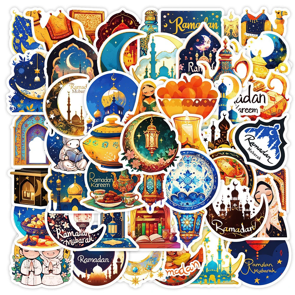 10/30/50pcs Ramadan Kareem Graffiti Stickers Golden Moon Muslim Party Cartoon Stickers Notebook Phone Luggage Decals Decoration