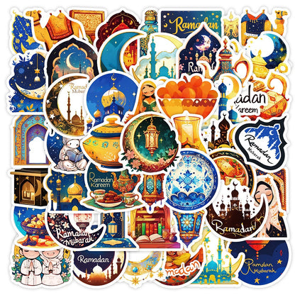 10/30/50pcs Ramadan Kareem Graffiti Stickers Golden Moon Muslim Party Cartoon Stickers Notebook Phone Luggage Decals Decoration