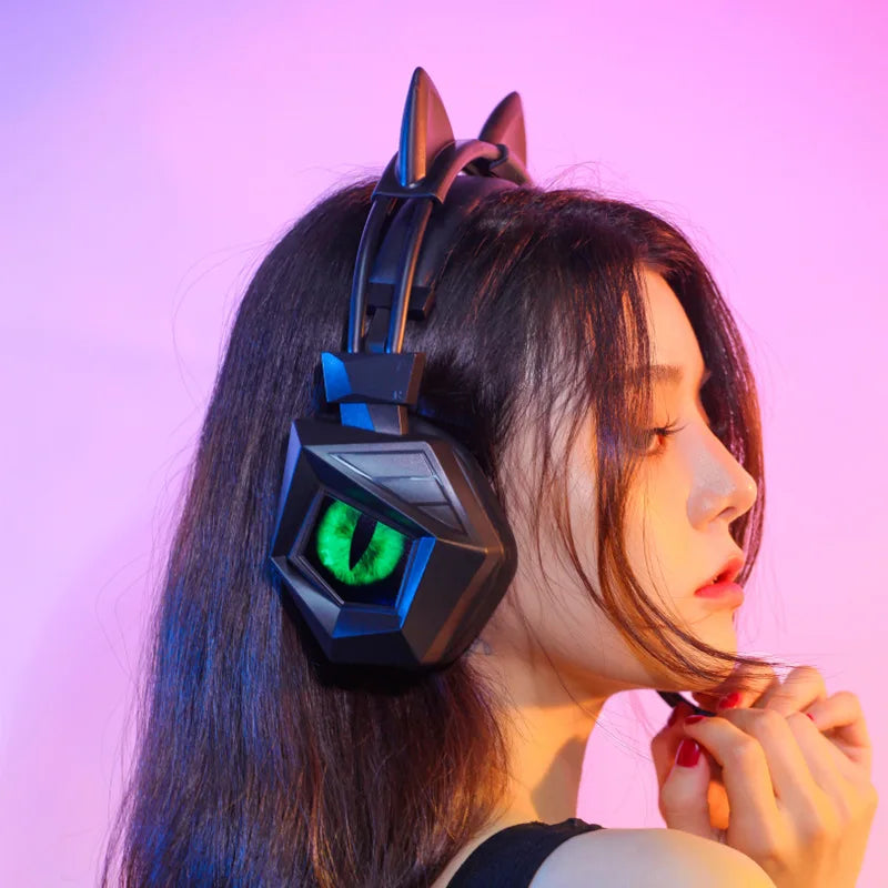 3.5mm USB Wired Controlled Headset Dragon Eyes Luminous Gaming Cute Cat Ear Headworn Computer Earphones with Mic  For PC Laptop