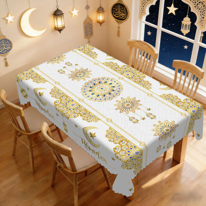 1 Piece of Muslim Ramadan Round Tablecloth, Available in Various Sizes, Featuring a Core of Gold-Plated Crescent Moon and Star Embellishments, Paired with Arabic Lantern Outlines and Intricate Rose Patterns Interwoven, with G