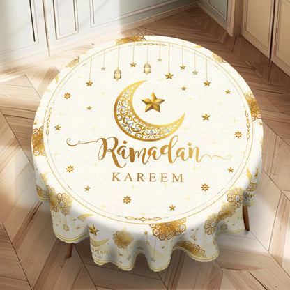 1 Piece of Muslim Ramadan Round Tablecloth, Available in Various Sizes, Printed with Star, Moon, Lantern, Floral, and Geometric Patterns, Round Decorative Tablecloth with Embossed Edges, Ramadan-Themed Home Dining Table Decor