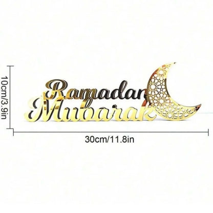 Wooden Acrylic Ramadan Mubarak Sign, Eid Kareem Crescent Wood Moon Stand Table Centerpiece Office Desk Mosque Decor