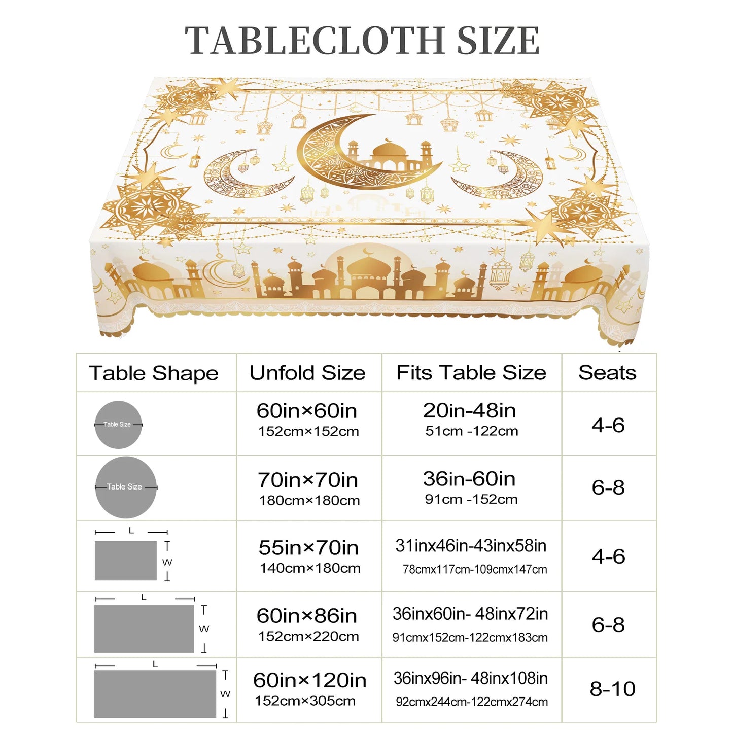 1 Piece of Muslim Ramadan Themed Round and Rectangular Tablecloth, Available in 5 Sizes, Exquisite Star and Moon and Mosque Pattern Printed Tablecloth, Embossed Edge Craftsmanship, Ramadan Period Home Dining Table Decoration,