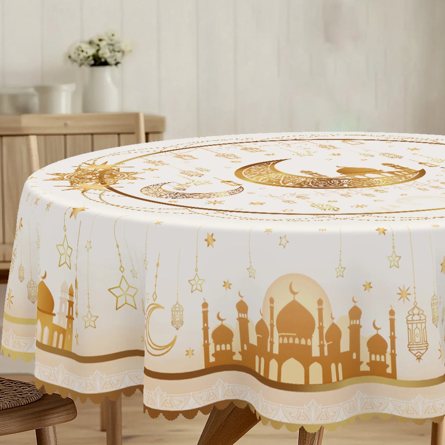 1 Piece, Low-Key Luxury Gold-Plated Ramadan-Themed Polyester Tablecloth + 4 Self-Adhesive Stickers, Classic Islamic Architecture Luxurious Hollow-Out Moon and Star Print Pattern, Suitable for Home Kitchen, Living Room Dining