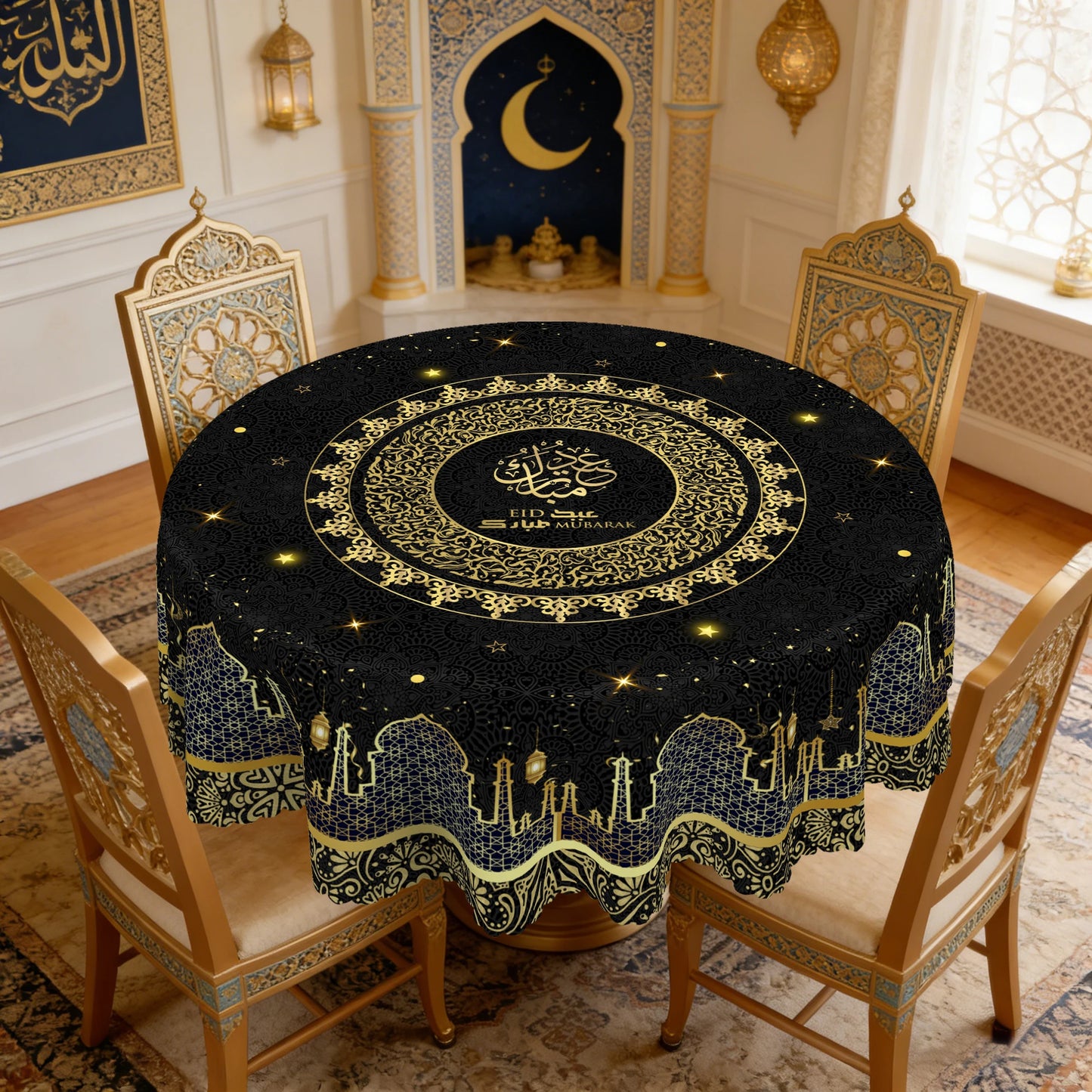 1 Piece of Black Tablecloth for Ramadan and Eid, Golden Ramadan Moon Lamp, Castle Pattern Design, Perfect Holiday and Mubarak Ramadan Decoration, Ramadan Gift, Ideal Indoor/Outdoor Ramadan Party and Home Decoration, Round and