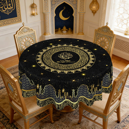 1 Piece of Black Tablecloth for Ramadan and Eid, Golden Ramadan Moon Lamp, Castle Pattern Design, Perfect Holiday and Mubarak Ramadan Decoration, Ramadan Gift, Ideal Indoor/Outdoor Ramadan Party and Home Decoration, Round and