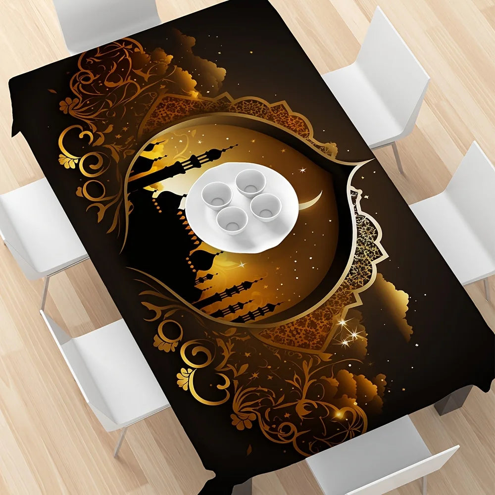 Ramadan Kareen Mubarak Tablecloth Party Decor Golden Moon Castle Print Eid Al Fitr Kitchen Dining Table Cloth Ramadan Decoration