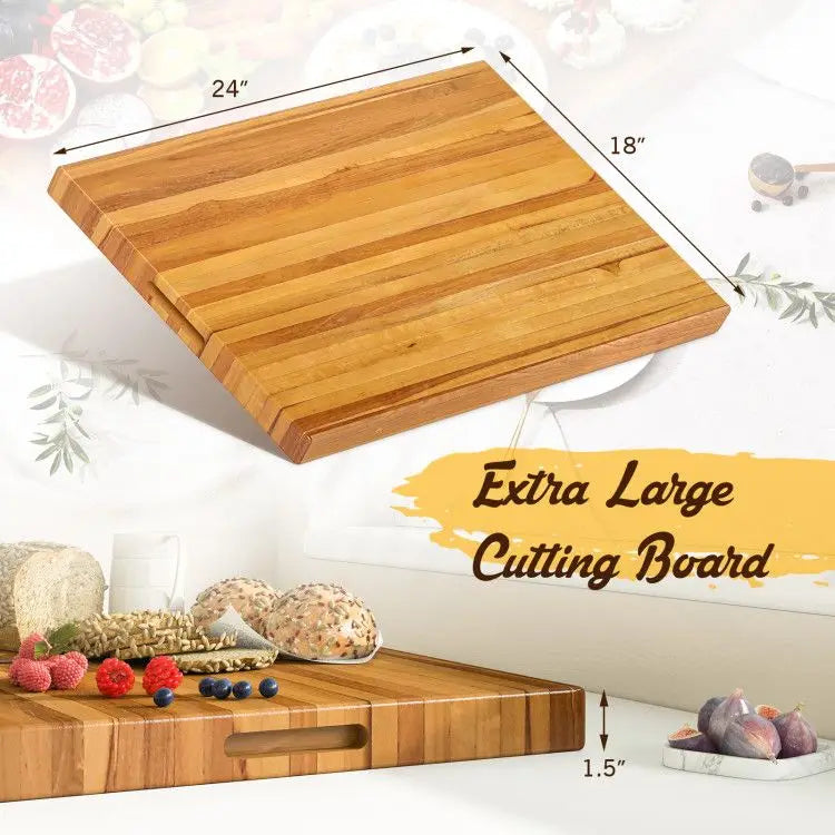 Extra Large 24 Inch Natural Reversible Teak Wood Cutting Board with Handle Specialty Tool for Kitchen Use