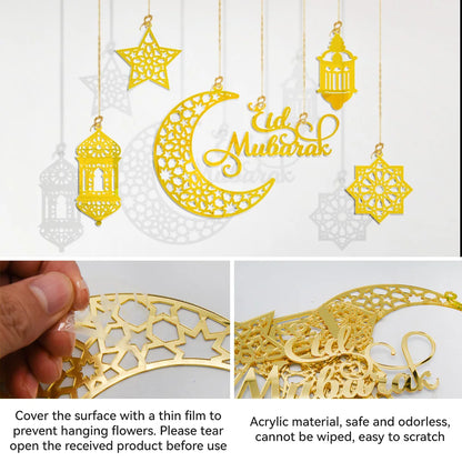 1Set Eid Mubarak Decoration Hanging Pendant Acrylic Mirror Ramadan Kareem Pendant Ornament Home Background Muslim Party Supplies